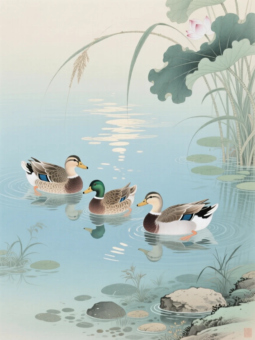 A family of ducks gliding across a still pond in clear water dappled with sunlight