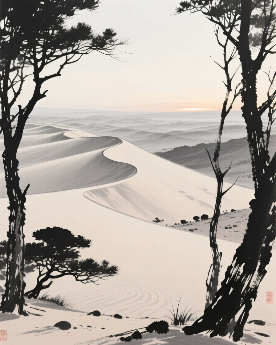 A wide desert dune ridge stretching under an open sky at first light, when the world is still hushed and grey, framed through a gap in the trees, revealing the valley beyond, carrying a feeling of timeless peace and stillness.