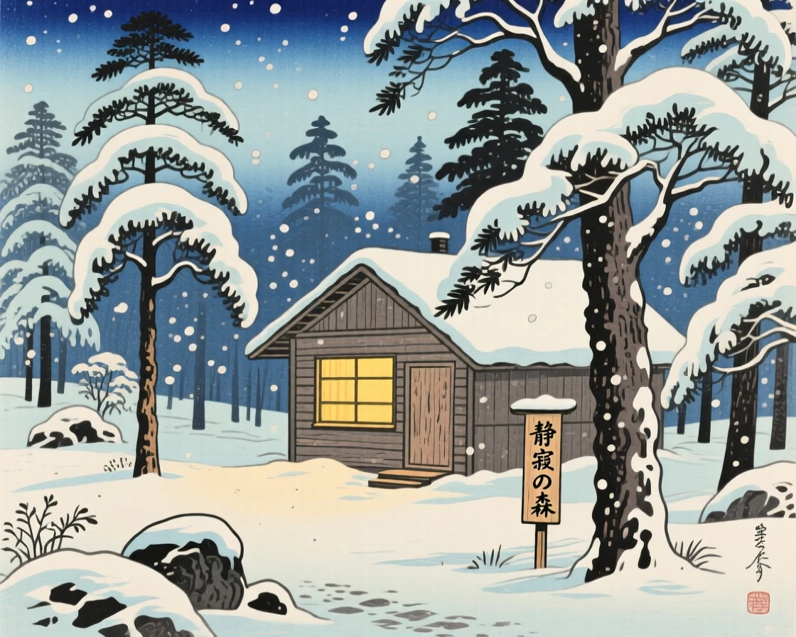 A warm glow spilling from a lone window in a snowy forest, in complete and total stillness.