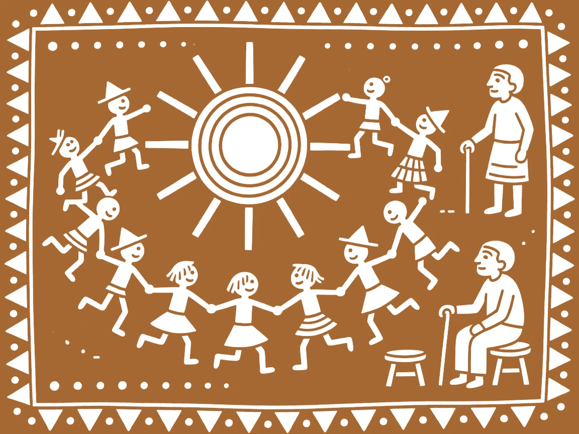 A composition centered on a village sun symbol ringed by children playing and elders watching.