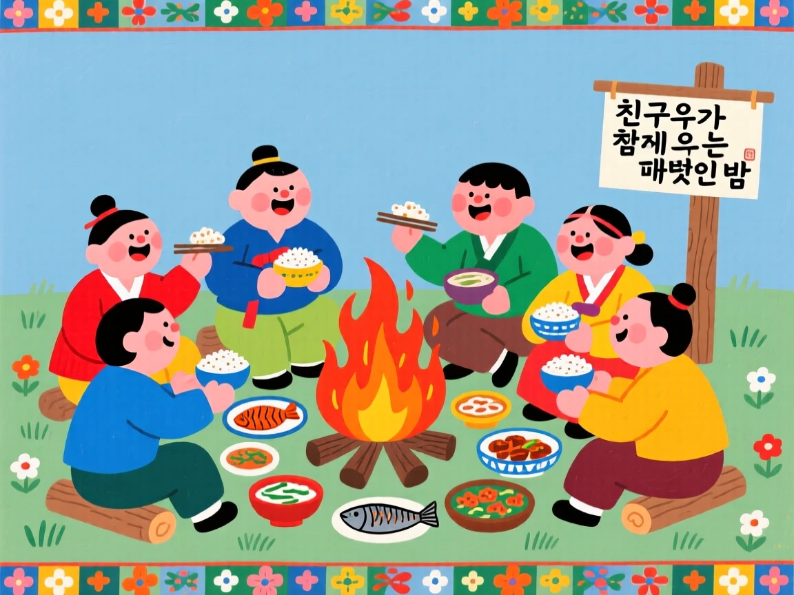 A group of friends sharing a meal around a campfire.
