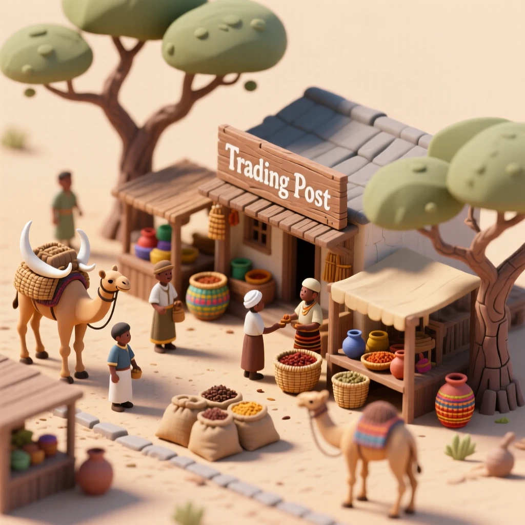 A colonial Kenyan trading post with camel caravans, ivory and spice traders, and a market bustling beneath acacia trees.