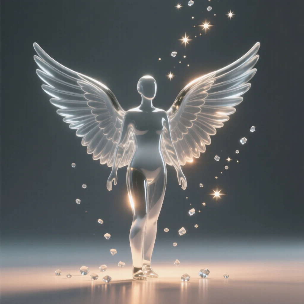 A pair of wings unfurling from a simple human silhouette with a warm glow surrounding the entire scene, while small particles drift upward like scattered stars