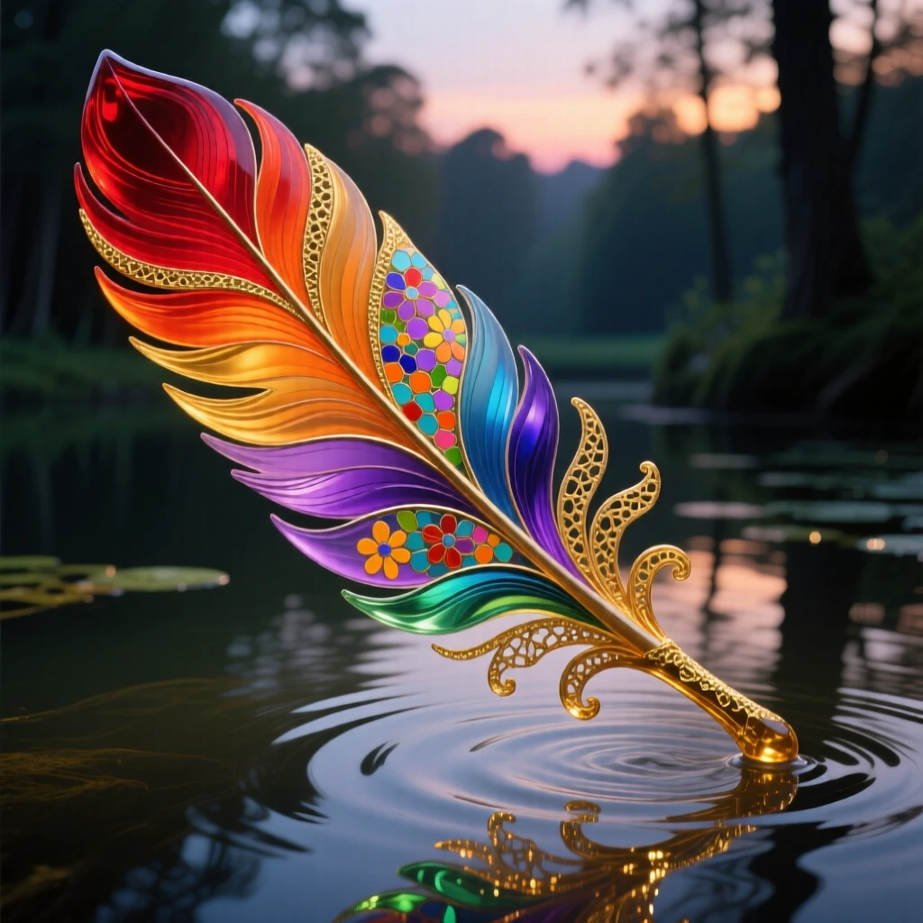 A grand phoenix feather drifting gently onto the stillest forest pond at dusk, poetic and delicate.