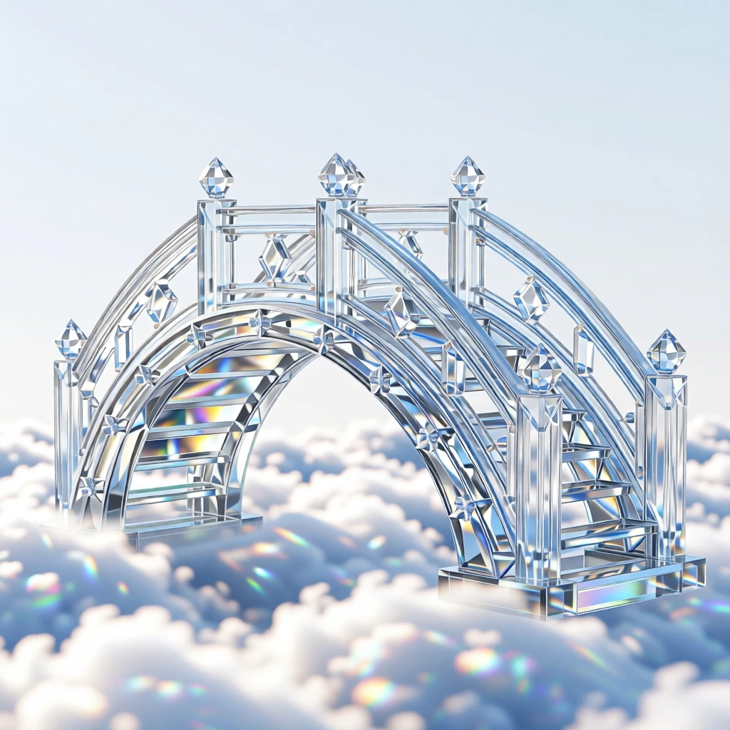 A dreamlike garden bridge made of moonbeams spanning a sea of clouds.