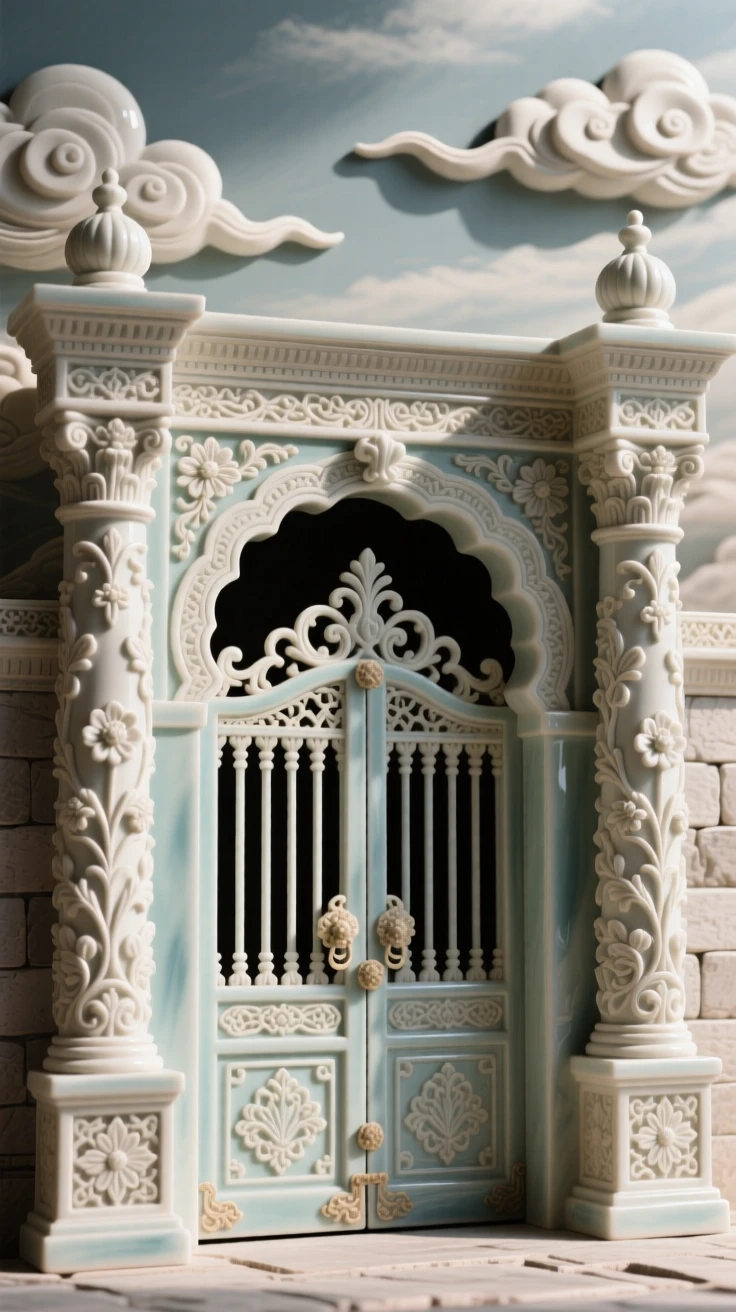 An ornate palace gate flanked by carved pillars standing majestically against a dramatic sky, framed by drifting clouds overhead, conveying serenity and architectural majesty.