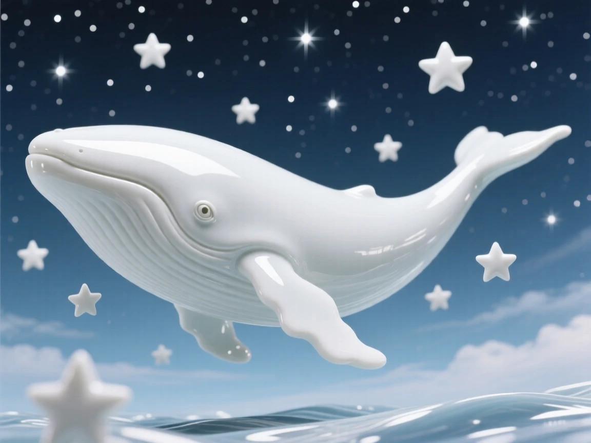 A dreamlike scene of a whale swimming through a sky full of stars, balanced between the familiar and the fantastical.