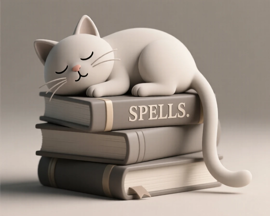 A gentle old wizard cat naps atop a stack of spellbooks, whiskers twitching with a dream of chasing mice.