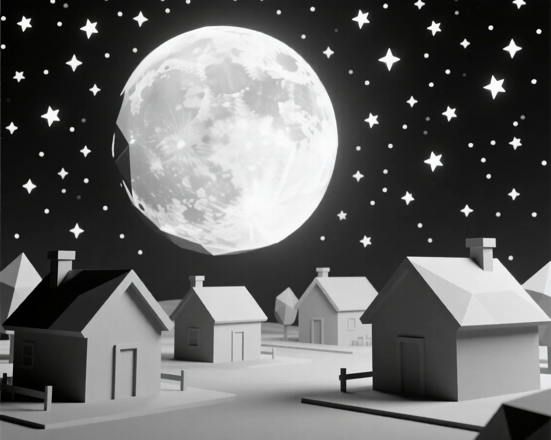 A giant moon looming impossibly close over a quiet village, beneath a sky filled with countless stars. the scale of the scene emphasizes its vastness and wonder. There is a dreamlike, otherworldly quality to the moment.
