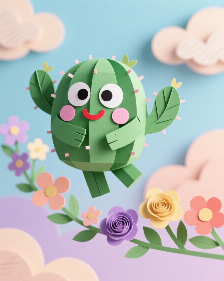 A cheerful cactus character floating lazily across a pastel sky, with little flowers blooming in its wake, capturing joyful, lighthearted wonder.