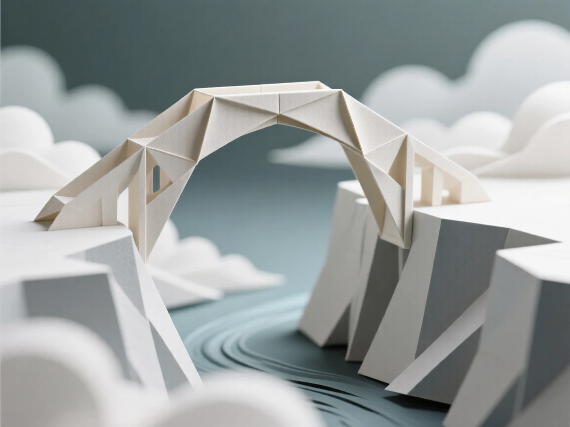 A single bridge arching over a canyon filled with drifting clouds instead of a river.