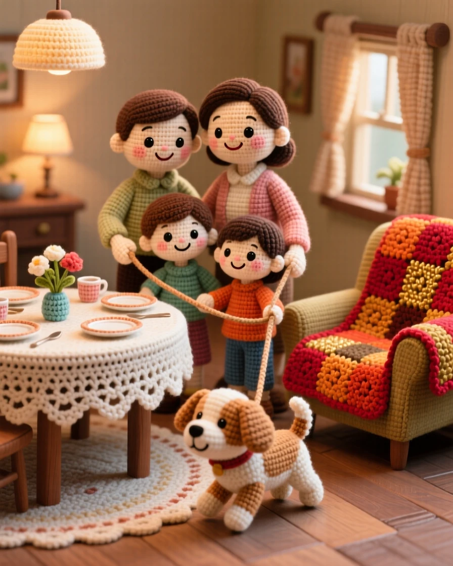 A heartwarming family moment: a family walking their new puppy together each taking a turn holding the leash, smiling as the puppy trots proudly ahead within a warm dining room set for a family gathering; a warm quilt draped over a nearby chair nearby, full of warm nostalgia and gentle family tradition.