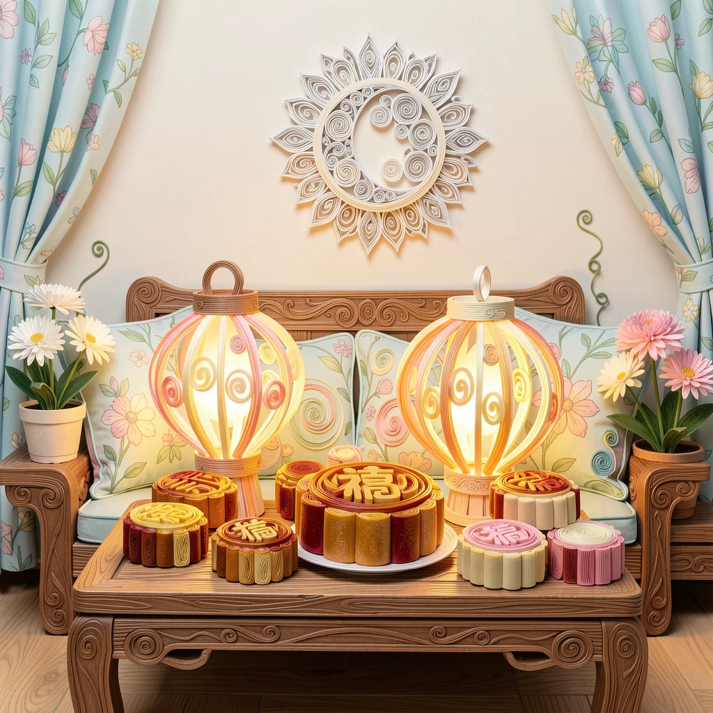 a Mid-Autumn Festival scene with glowing lanterns and mooncakes, in a cozy living room decorated for the holidays, shown from a warm, intimate close-up perspective, in bright cheerful pastel spring colors.