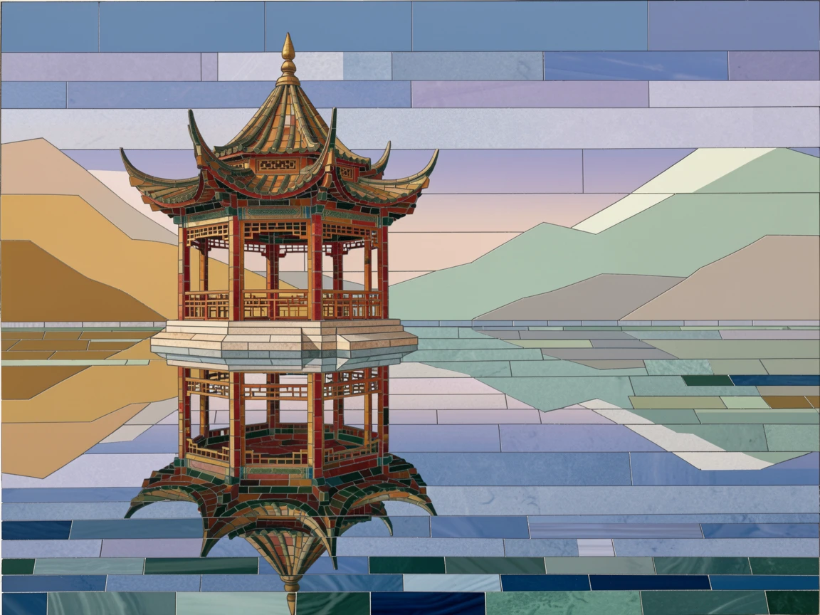 A traditional Chinese garden pavilion beside a still lake.