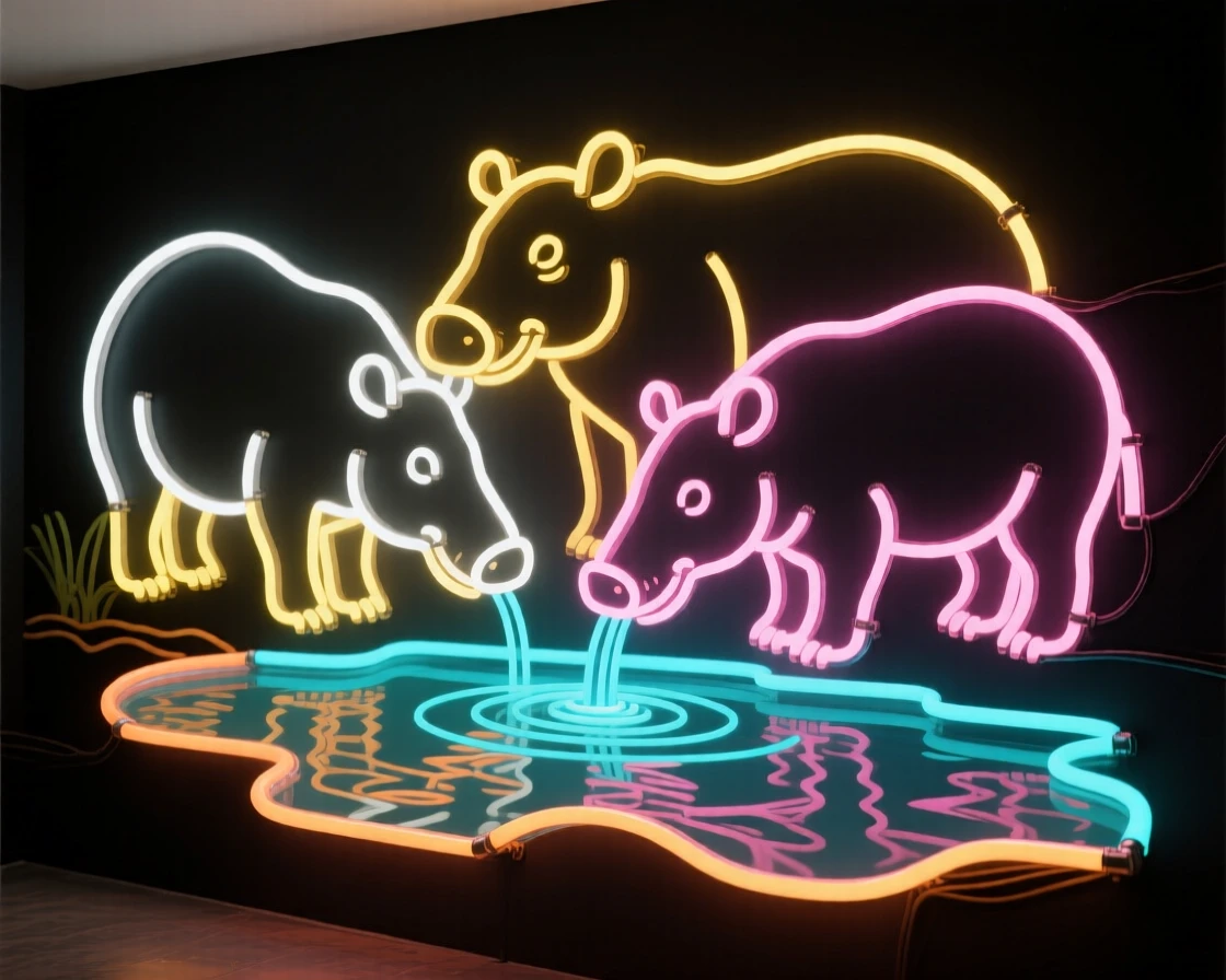 A family group of tapirs gathered near a watering hole.