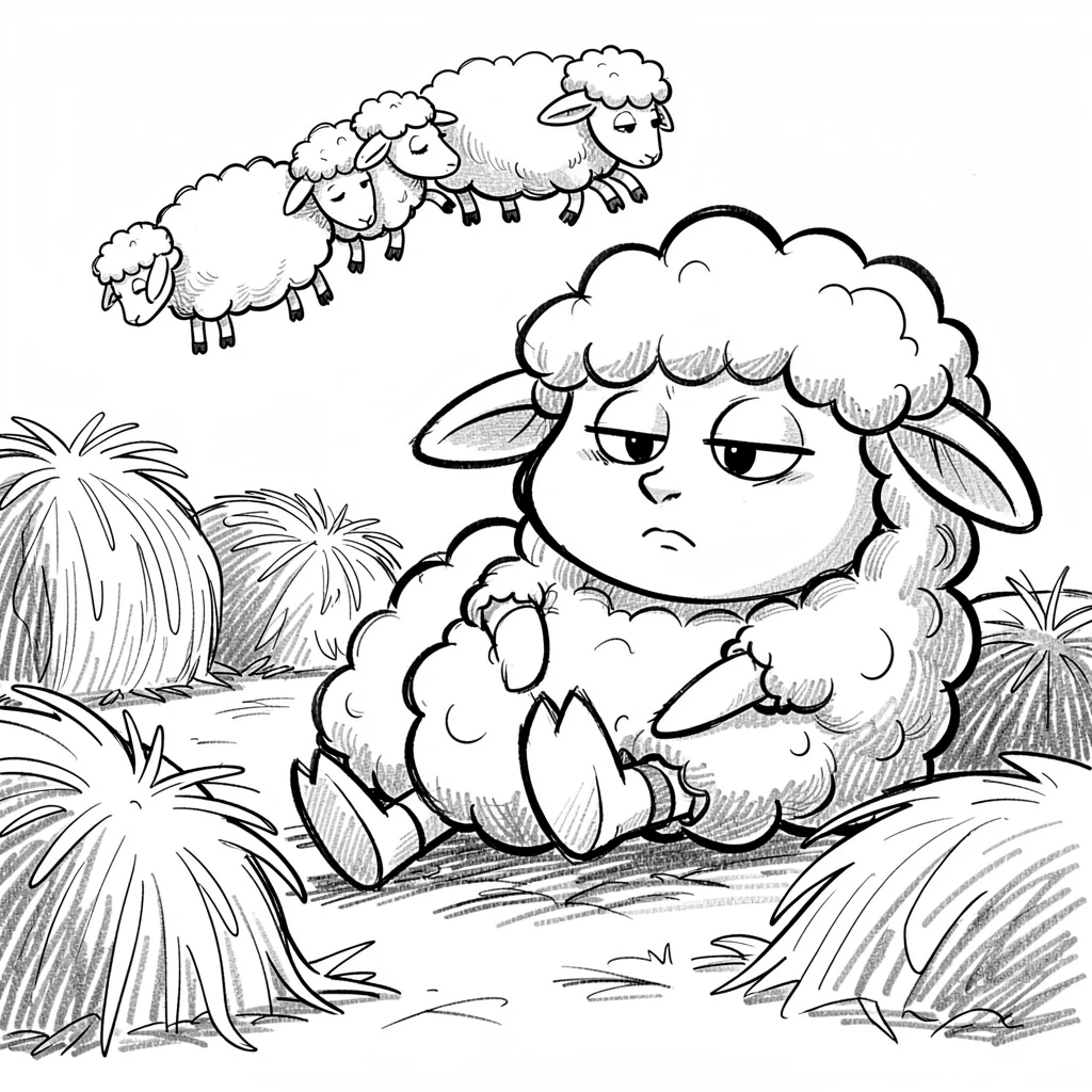 A sheep counting other sheep to fall asleep in a barnyard full of hay bales.