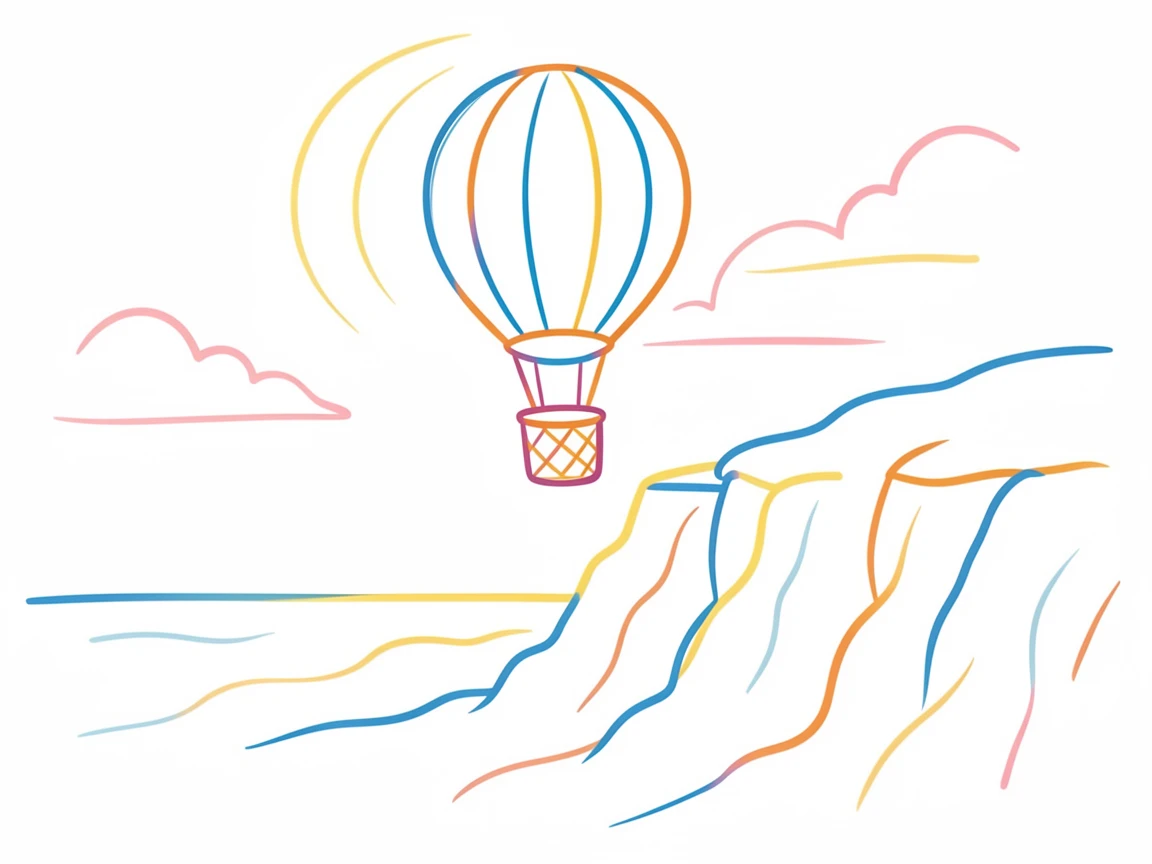 A single hot air balloon floating above a coastal cliff at sunrise.