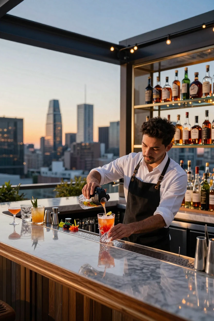 A rooftop bar mixing cocktails against a city skyline