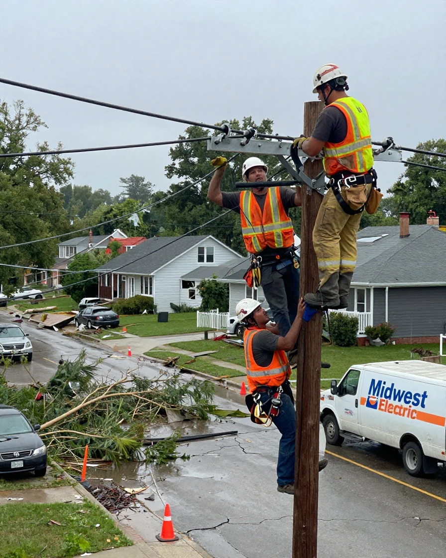 A crew of linemen repairs a power line high above a storm-damaged street.