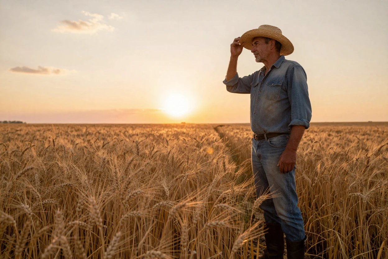 A farmer surveying his golden wheat field at sunrise, hat in hand