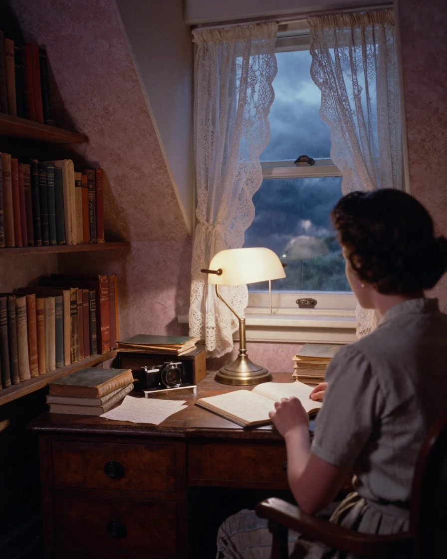 A cozy attic study lined with worn leather-bound books, in cool blue twilight, under a darkening storm sky, in early spring, in dusty lavender and rose tones, over the shoulder of the main subject.