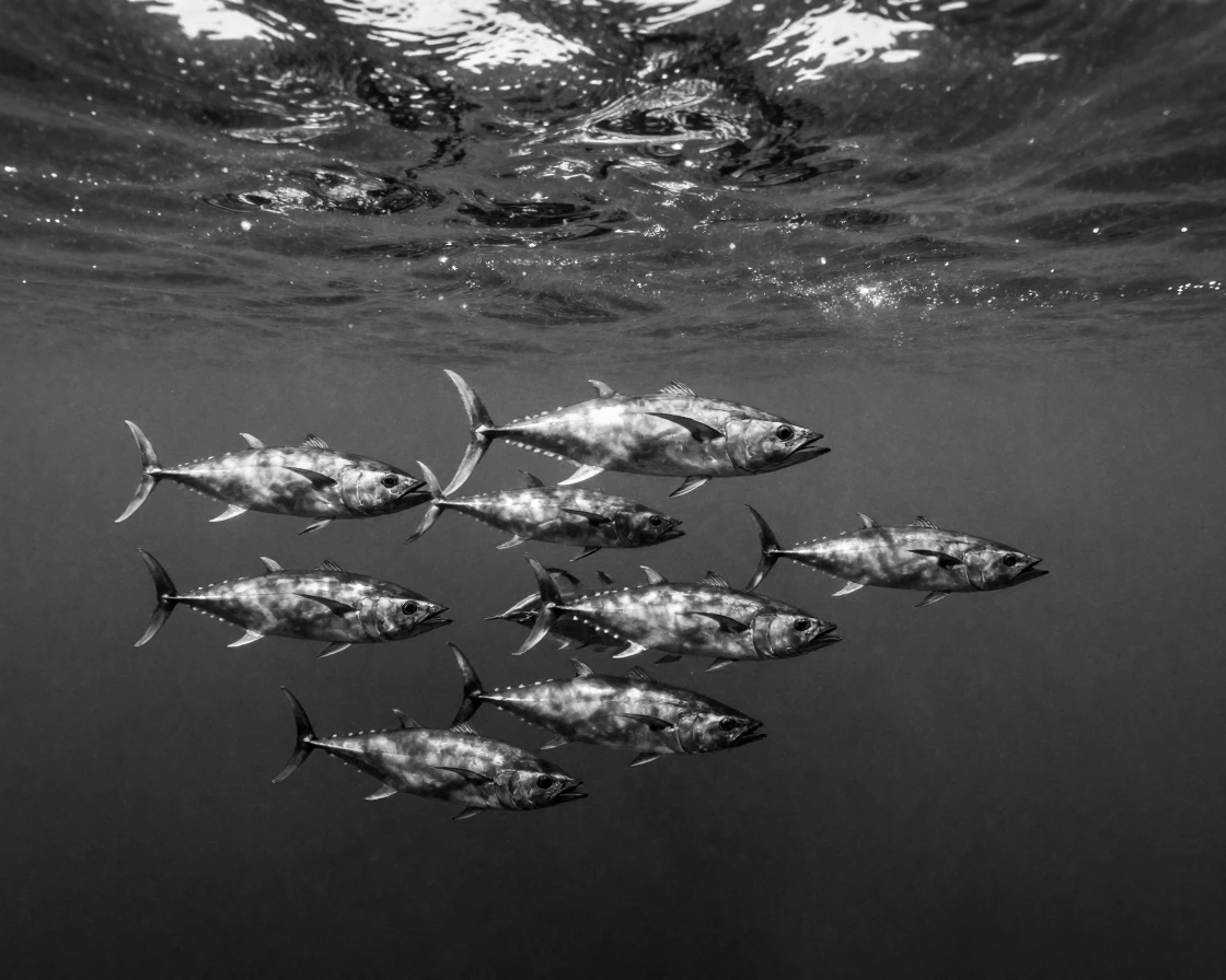 A school of tuna races through open blue water beneath a rippling surface of light.