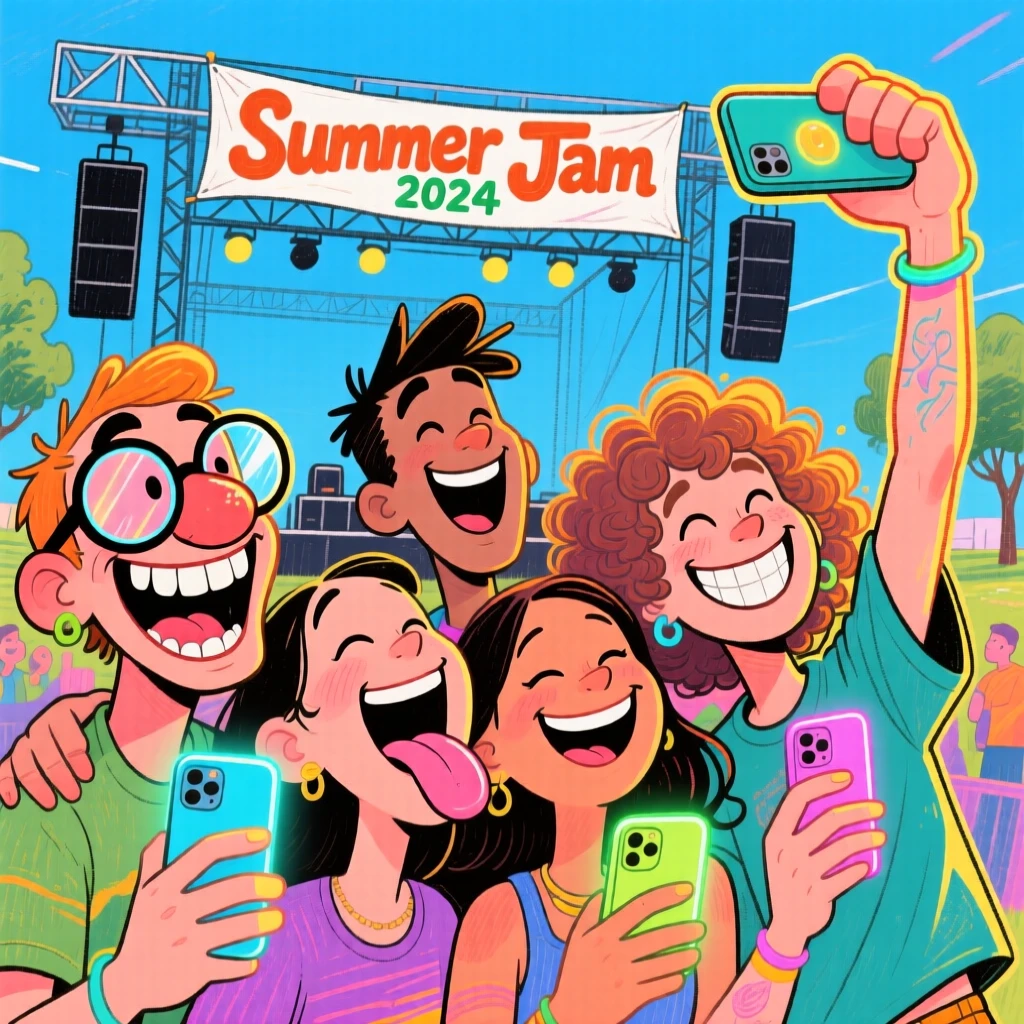 A group of friends at an outdoor concert, phones raised, singing along together.