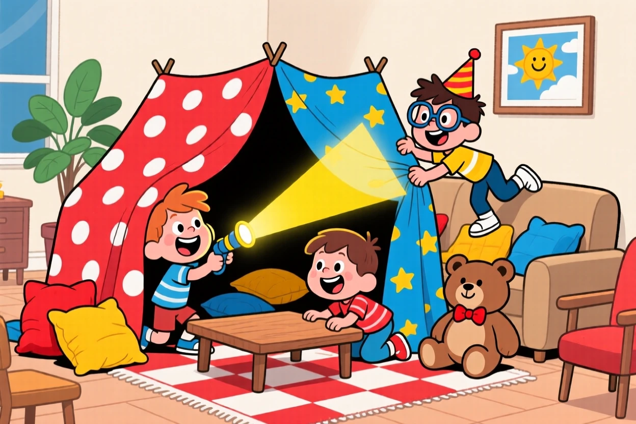 A playful childhood moment of a group of kids building a blanket fort in the living room, with a favorite stuffed animal close at hand.