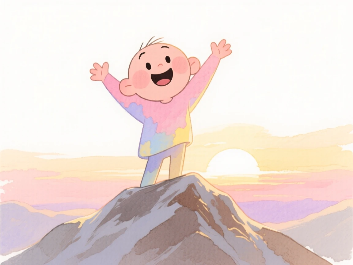 An uplifting, heartwarming moment of a person standing at a mountain summit with arms outstretched to the sunrise