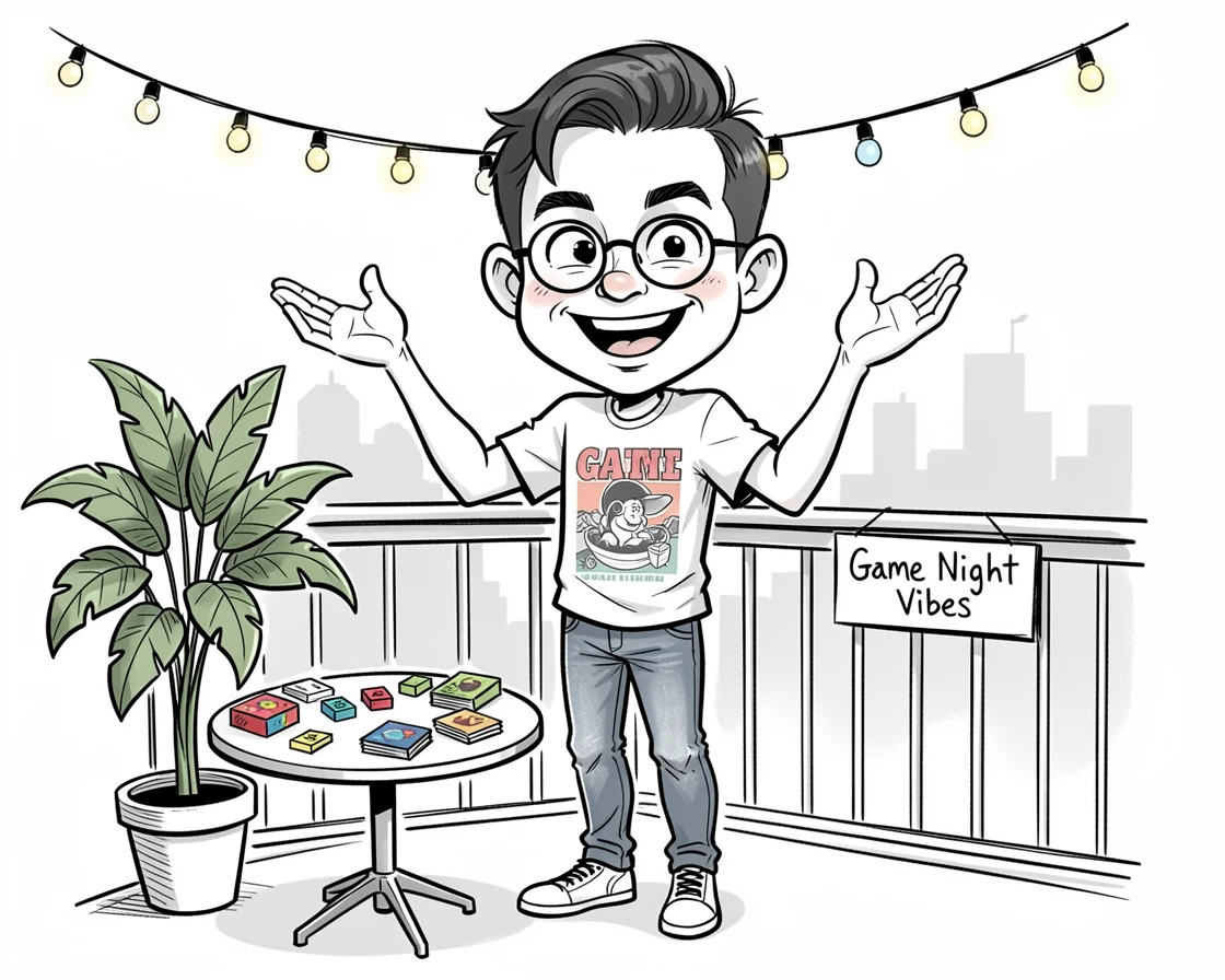 [Trending & Universal Topics] Modern lifestyle scene of a stylish board game host decorating a small apartment balcony, capturing everyday joy