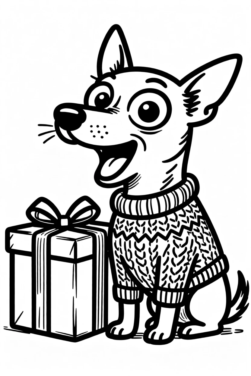 A chihuahua wearing a knitted holiday sweater, sitting beside a wrapped present twice its size.