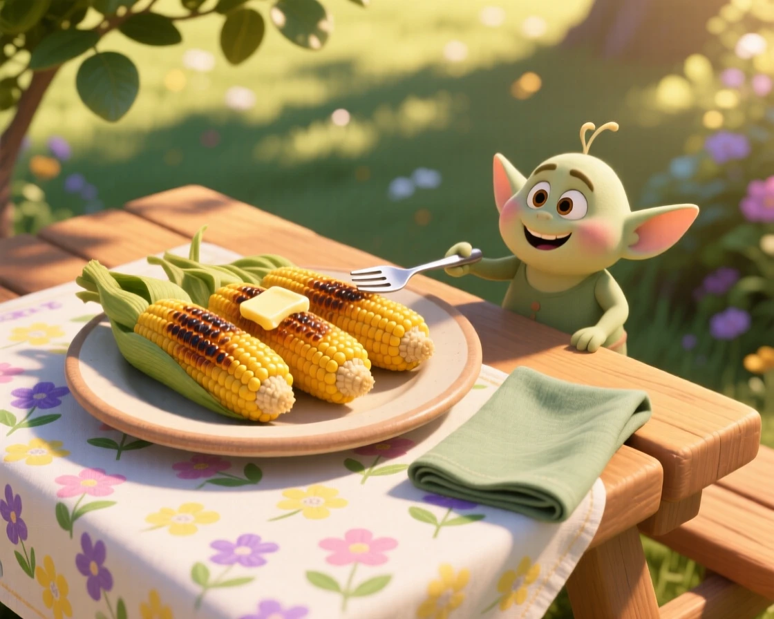A plate of grilled corn on the cob with butter sits on a tablecloth decorated with fresh flowers, next to a folded linen napkin. The setting feels relaxed and satisfying.