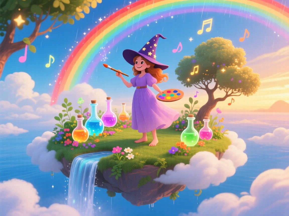 In a floating island in the clouds, a kind witch with a garden of potions discovers a moment of wonder while painting rainbows across the sky, while gentle music seems to hum from the trees.