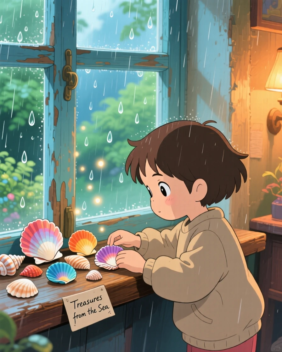 A child arranging seashells on a windowsill, soft rain pattering against the glass outside, the whole scene feeling warm and comforting.