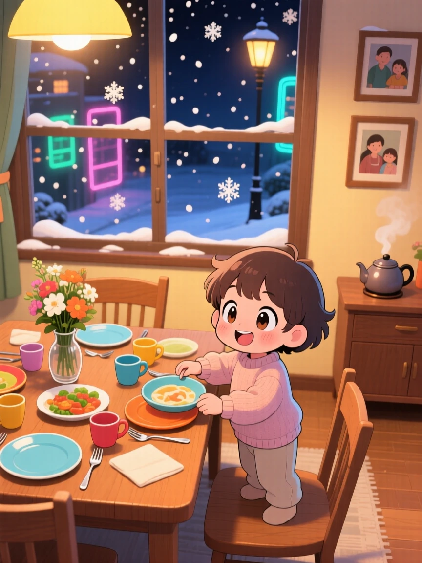 High aerial view: a child, setting the table for dinner, set against a warm family dining room amid softly falling snow, with neon-lit glow and a mood of triumphant pride.
