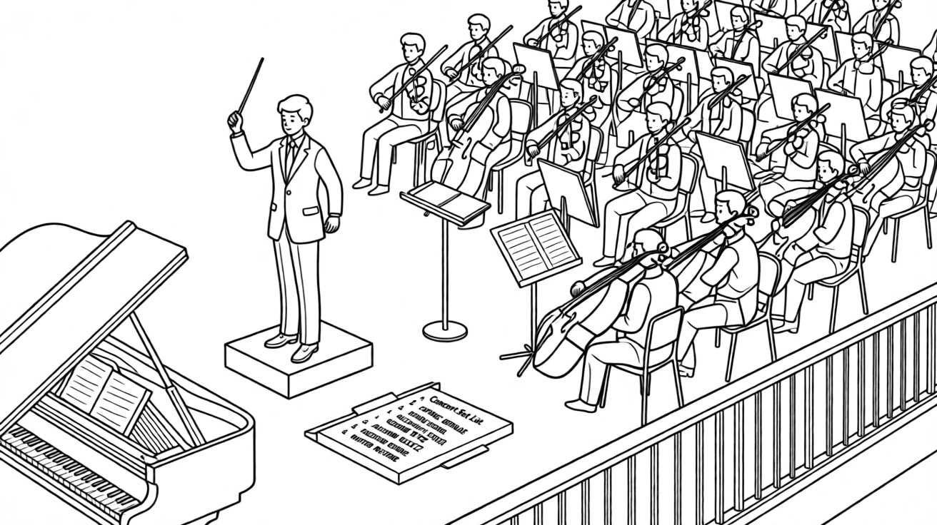 An orchestra mid-performance viewed from the balcony, with a set list taped to the floor nearby.