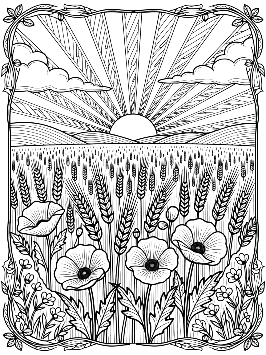 A single sunrise breaking over a wheat field dotted with poppies.