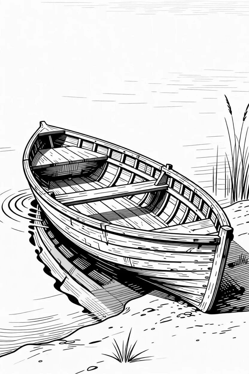 A weathered wooden rowboat resting on a quiet lakeshore