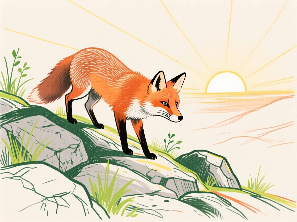 A curious fox exploring on a rocky hillside at sunrise.