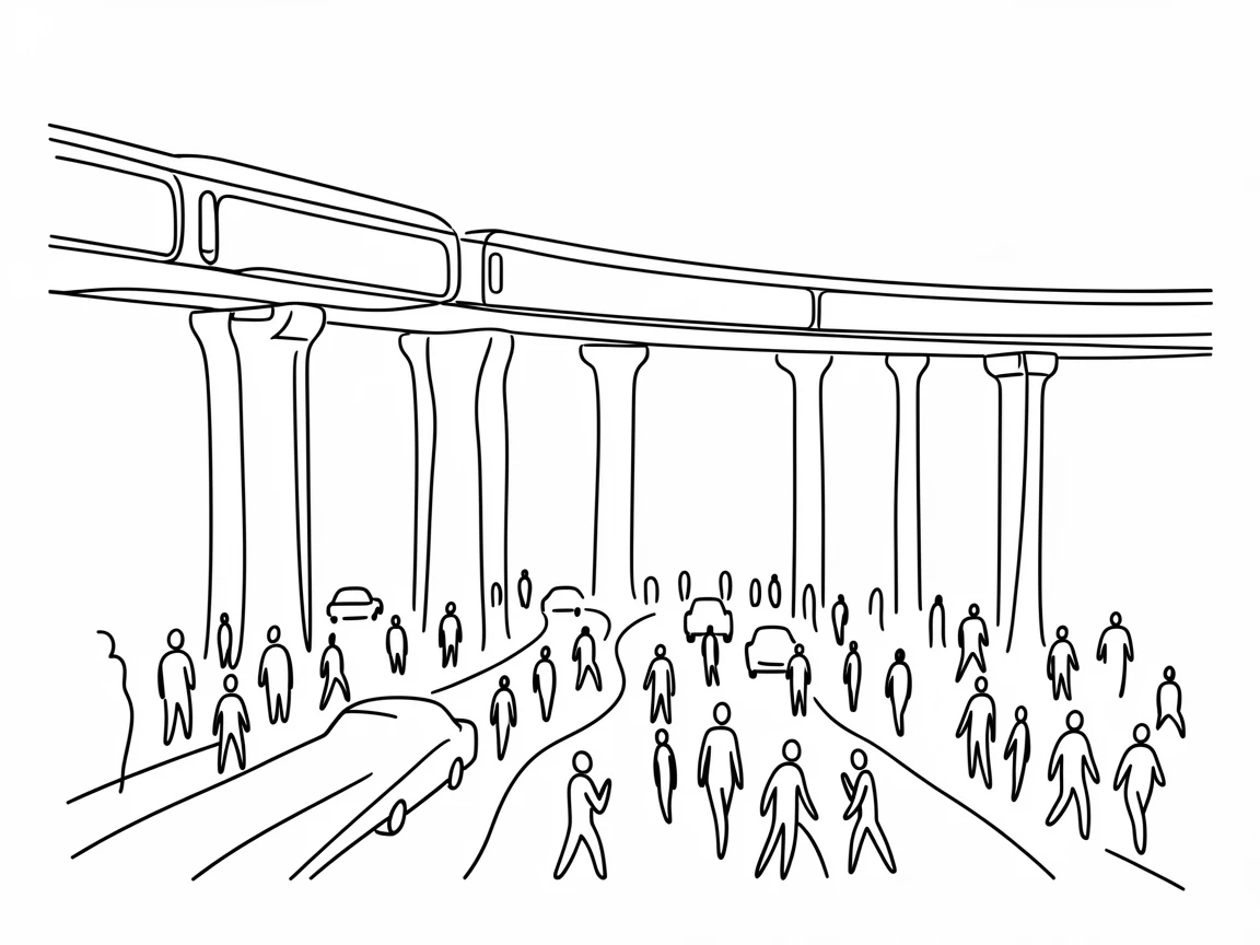 A elevated train track running above a bustling city avenue