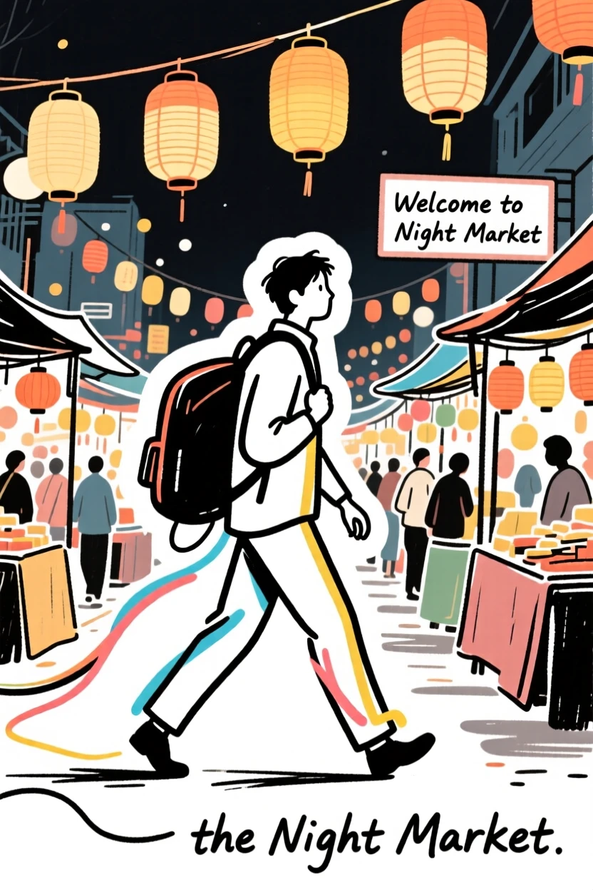 A traveler walking through a bustling night market filled with lanterns.