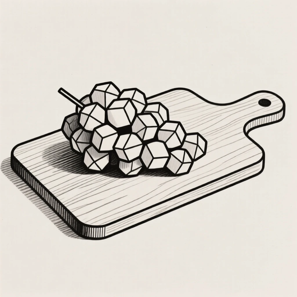 A cluster of grapes on a wooden cutting board