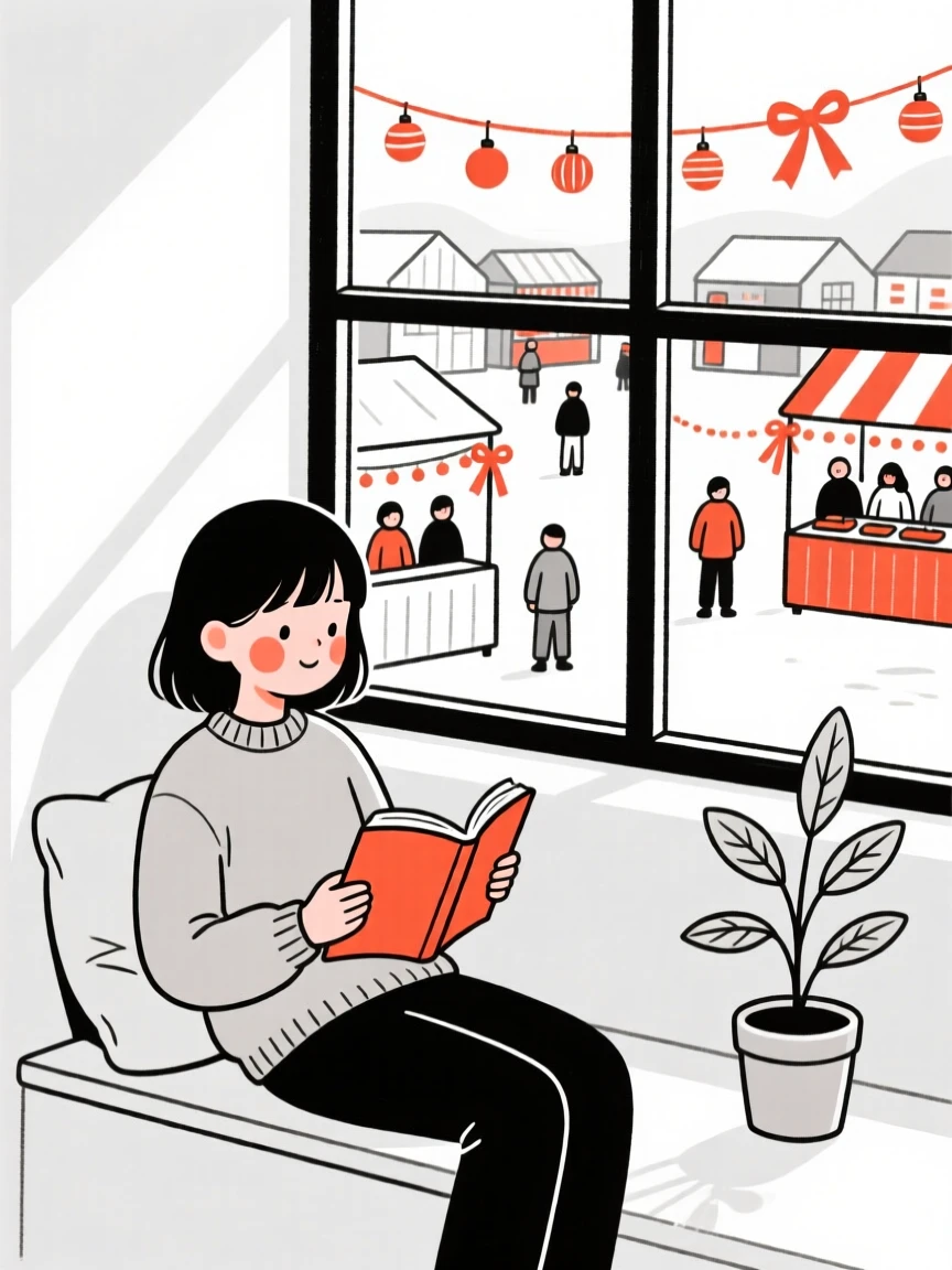 A teenage girl reading in a sunny window nook, at a bustling holiday market.