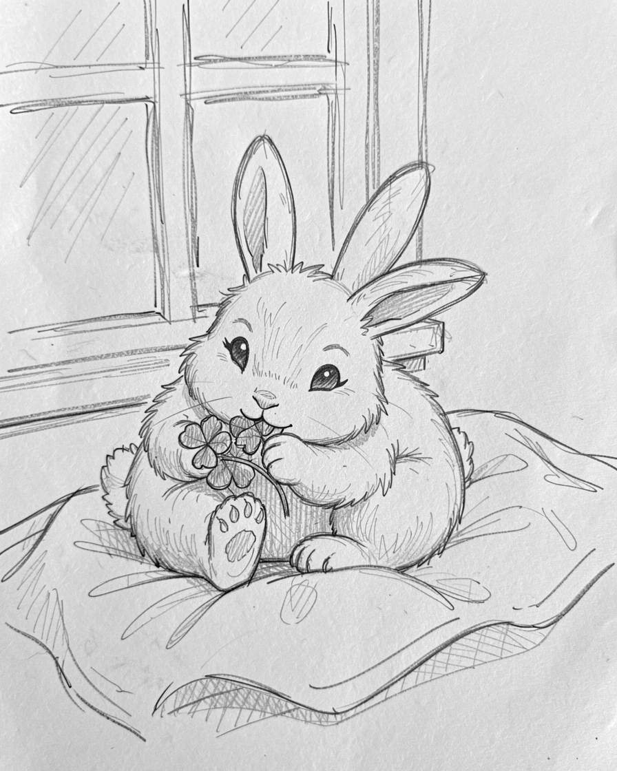 An irresistibly cute scene of a fluffy baby bunny nibbling clover on a cozy blanket by a window, looking utterly adorable and at ease.
