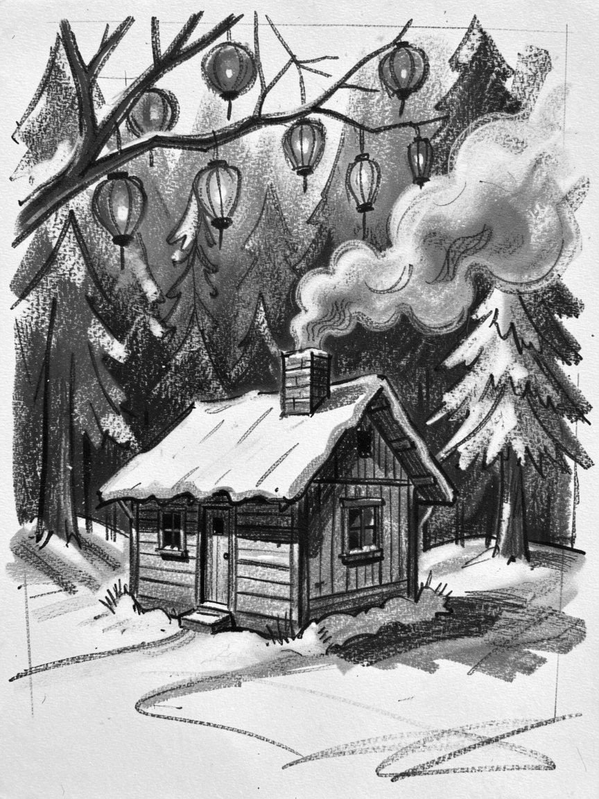 A snowy mountain cabin with smoke curling from the chimney, under a canopy of colorful lanterns.