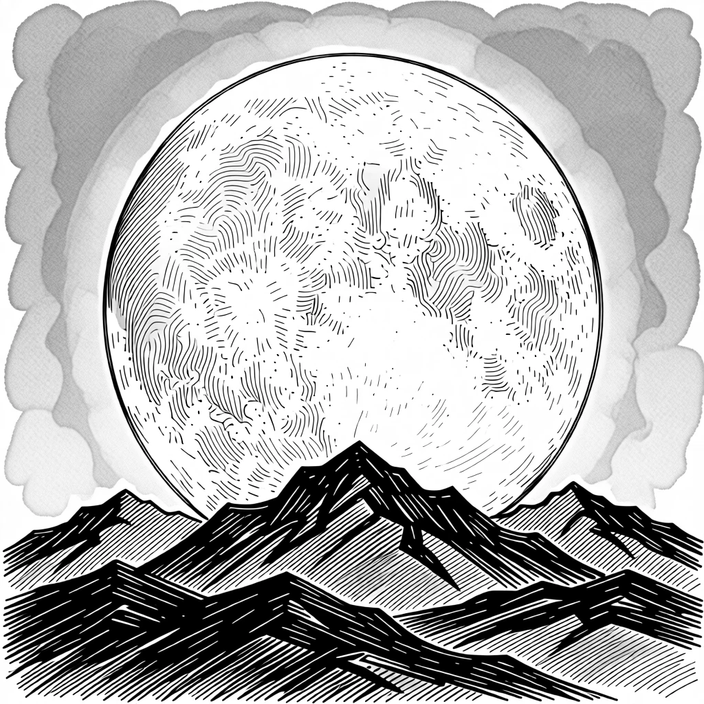 A glowing full moon rising above a calm, silhouetted mountain range.