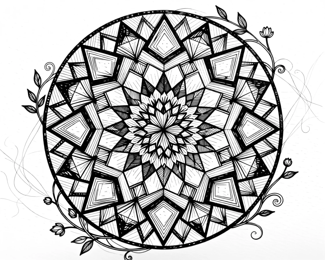 A circular mosaic of tiled shapes designed as an elegant decorative motif, with tiny botanical elements woven throughout, forming a harmoniously balanced decorative composition.