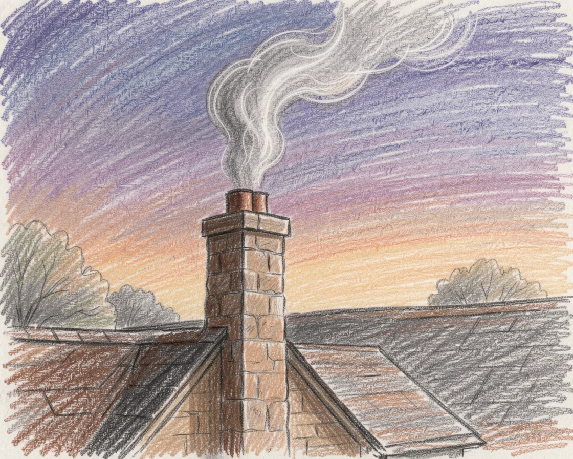 A quiet countryside farmhouse chimney with smoke curling into dusk, captured in a quiet, intimate moment full of atmosphere, full of charm, emotion, and visual delight.