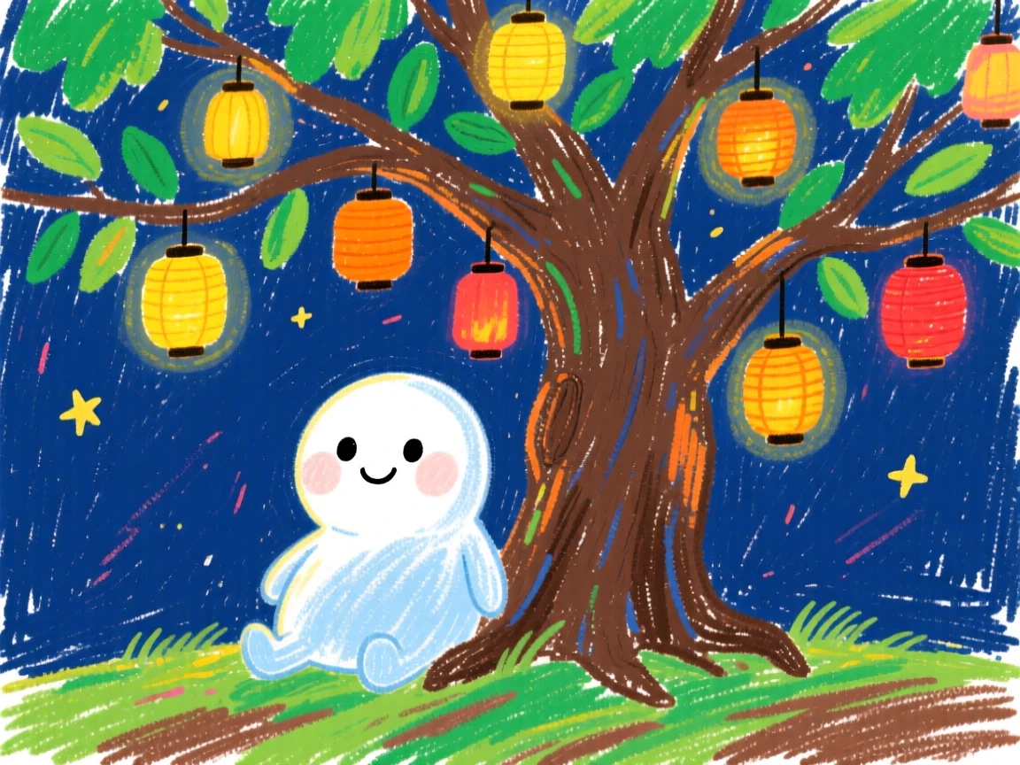 A moon spirit sitting beneath a tree of glowing lanterns.