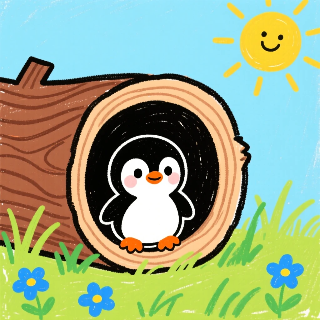 A tiny penguin chick peeking out from a hollow log.